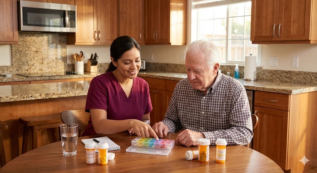 Professional caregiver assisting elderly patient with mobility