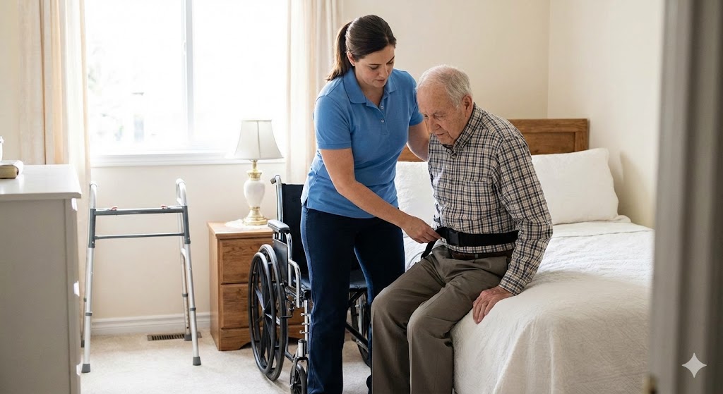 Caregiver providing personal care assistance to senior
