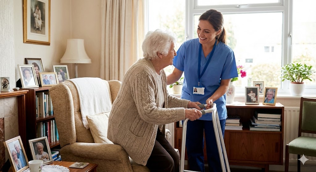 Professional caregiver assisting elderly patient